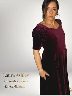 Vintage Laura Ashley Burgundy Velvet Dress Puff Sleeve Midi